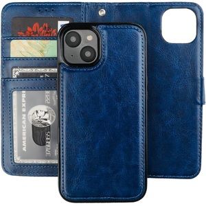Wrist wallet and magnetic phone case for iPhone 14. Dark Blue